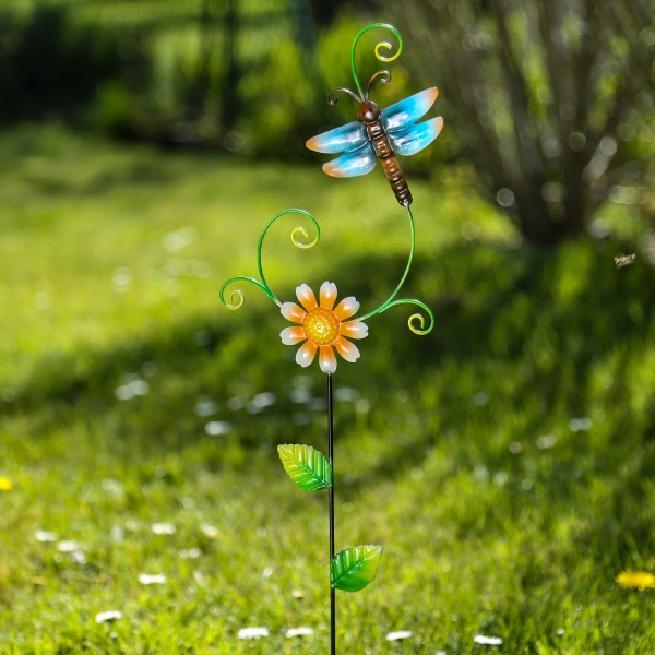 Gartenstecker Blume und Libelle - Beetstecker - Metall - H: 62cm - für Außen - bunt