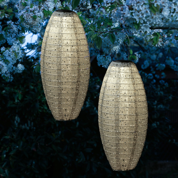 LED Solar Lampions oval - mit Blumenmuster - warmweiß - H: 40cm - Lichtsensor - beige - 2 Stück