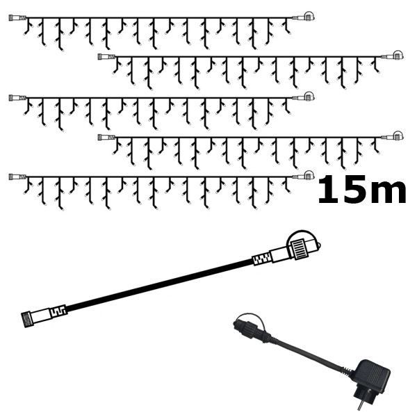 SYSTEM 24 KOMPLETT SET 15m - LED Lichtervorhang Eisregen - Icicle für Dachrinne, Garage etc.