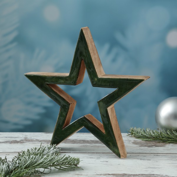 Holzstern - Weihnachtsstern - stehend - einseitig emailliert - Mangoholz - H: 29,3cm - natur, grün