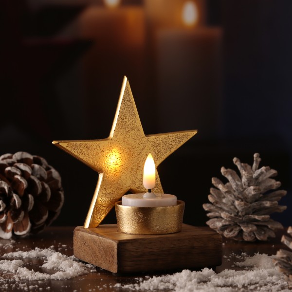 Teelichthalter STERN - Aluminium - Mangoholzsockel - H: 12,5cm - natur, gold