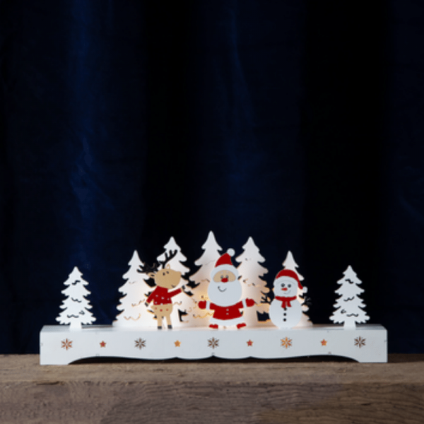 LED Leuchter aus Holz "Santa und Freunde" - 9 warmweiße LED - 16cm x 43cm - Batteriebetrieb, Timer