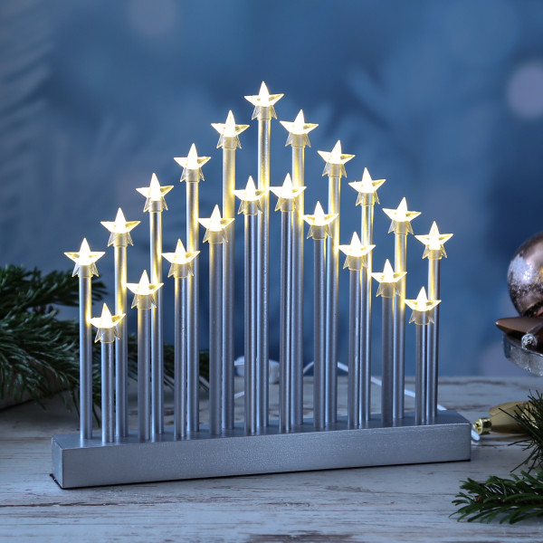 LED Fensterleuchter STERNE - 21 warmweiße LED - H: 28cm - L: 26cm - Kabel mit Schalter - silber