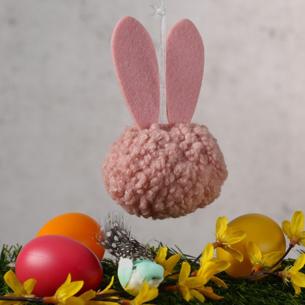 Pompom Osterhase mit Filzohren - Dekofigur - zum Aufhängen - H: 12cm - für Innen - rosa