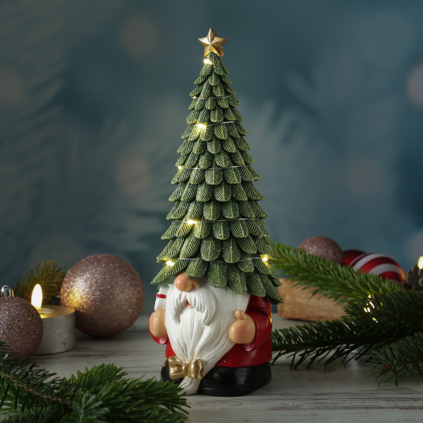 LED Weihnachtswichtel mit beleuchteter Mütze - Dekofigur aus Polyresin - H: 29cm - Timer