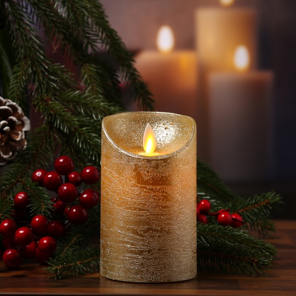 LED Kerze M-Twinkle - Echtwachs - bewegliche Flamme - Auspustfunktion - Timer - H: 10cm - gold