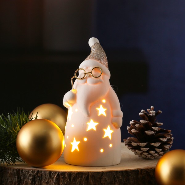 LED Weihnachtsmann - Dekofigur - Brille und gold glitzernde Mütze - H: 15cm - Batterie - weiß