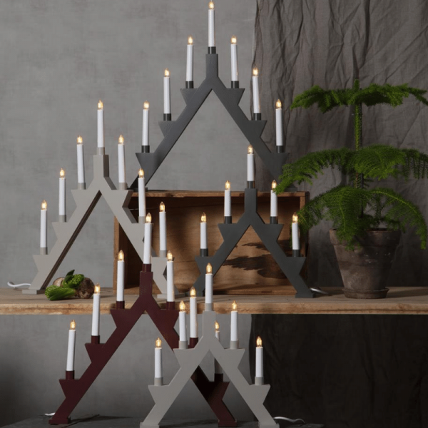 Fensterleuchter "Zack" - 7flammig - 7 warmweiße Glühlampen - L: 47cm, H: 53cm - Holz - hellgrau
