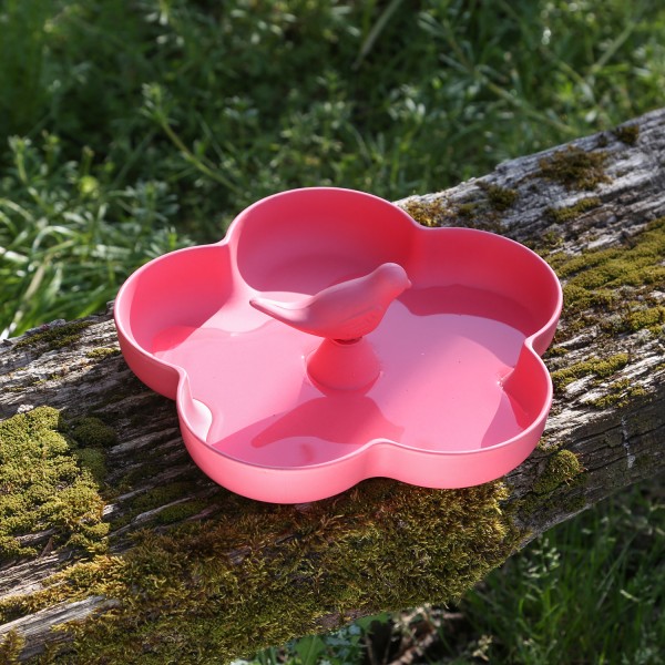 Futterstelle Blume mit Vögelchen - Vogeltränke - Bambus - H: 7cm - pink