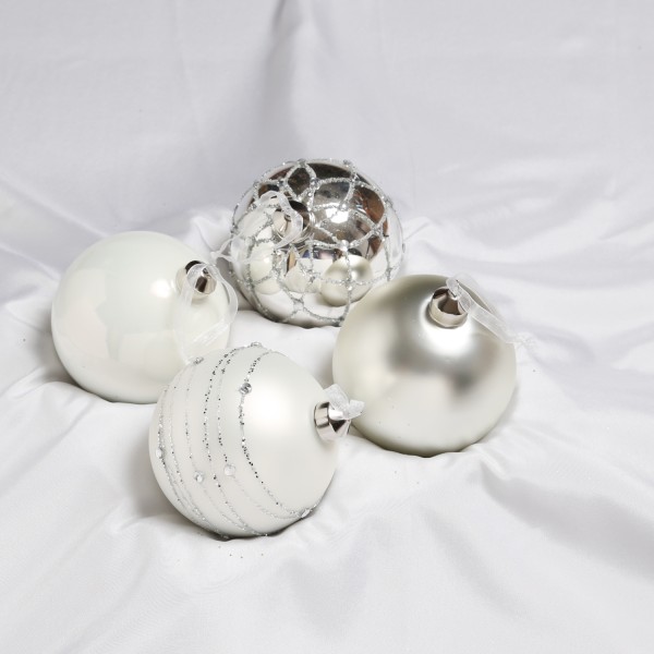 Christbaumkugel - Weihnachtskugel - Glas - D: 10cm - glänzend matt verziert - silber weiß - 4er Set
