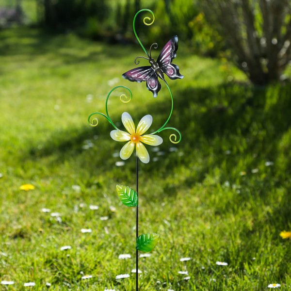 Gartenstecker Blume und Schmetterling - Beetstecker - Metall - H: 62cm - für Außen - bunt
