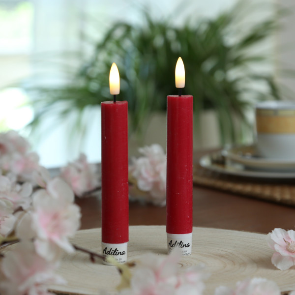 LED Stabkerzen LINA - Rustik-Optik - Echtwachs - 3D Flamme - H: 16cm - Timer - rot - 2er Set