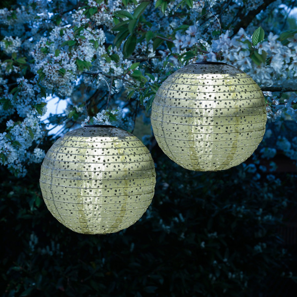 LED Solar Lampions - mit Blumenmuster - warmweiße LED - D: 25cm - Lichtsensor - grün - 2 Stück