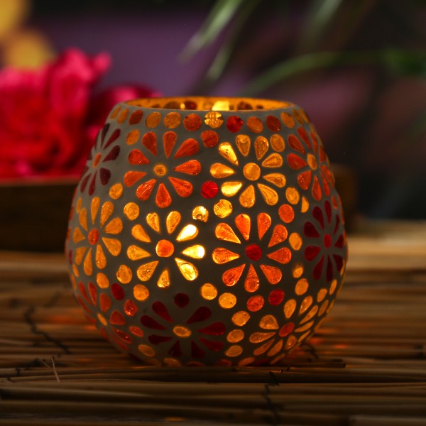 Windlicht Mosaik Glas - Teelichthalter - Blumen Motiv - H: 11cm - D: 11cm - bunt