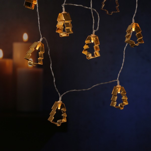 LED Lichterkette Backförmchen goldene Tannenbäume - 8 warmweiße LED - Batteriebetrieb - L: 1,4m