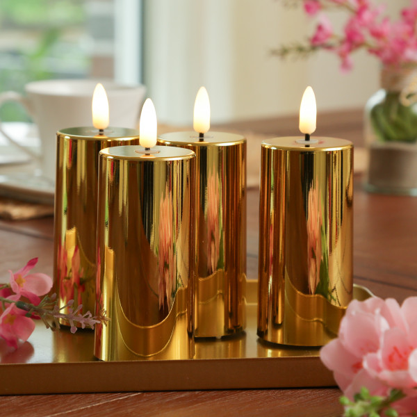 LED Kerzenset - Kunststoff - Timer - H: 12,5cm - D: 5cm - gold glänzend - 4er Set