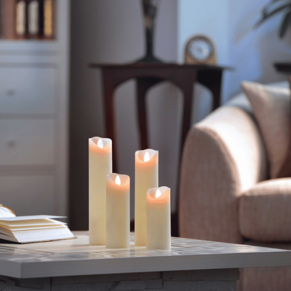 LED Wachskerze SHINE 4er Set schmal | elfenbein | gefrostet | fernbedienbar | Timer 