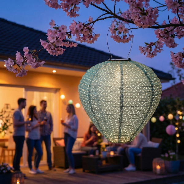 LED Solar Lampion Ballon - mit Blumenmuster - warmweiße LED - H: 30cm - D: 30cm - Lichtsensor - grün