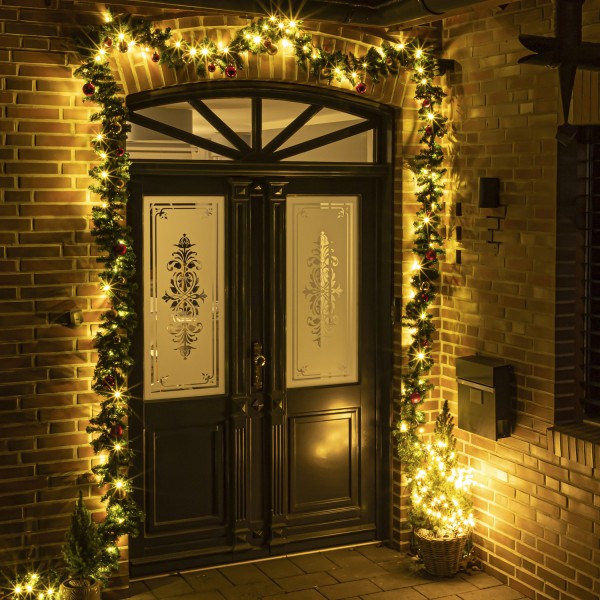 LED Tannengirlande - Weihnachtsgirlande mit Kugeln - 80 warmweiße LED - L: 5,0m - Außen - rot/gold