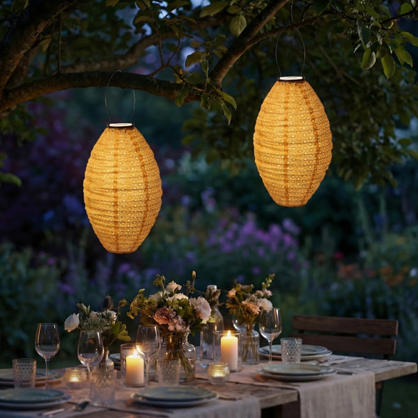 LED Solar Lampions oval - mit Blumenmuster - H: 38cm - D: 23cm - Lichtsensor - gelb - 2er Set