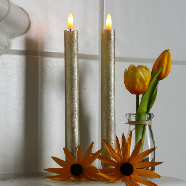 LED Stabkerzen Flamme - Echtwachs - flackernde warmweiße LED - H: 25cm - gold - 2er Set