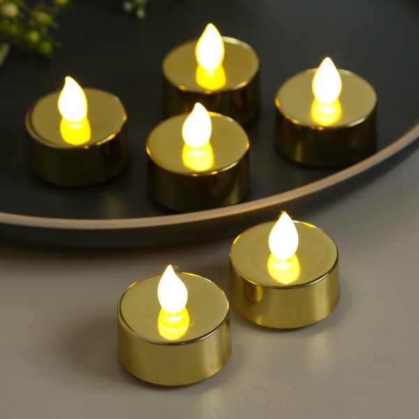 LED Teelichter - warmweiße flackernde Flamme - Batteriebetrieb - D: 3,8cm - gold - 6er Set
