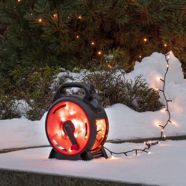 LED Lichterkette Kabelaufroller - 400 bernsteinfarbene LED - L:27,9m - Außen - Trafo - schwarz/rot