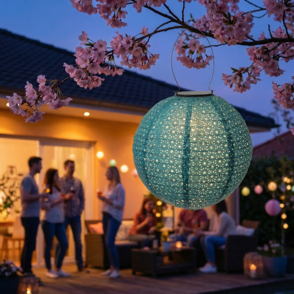 LED Solar Lampion - mit Blumenmuster - warmweiße LED - H: 25cm - D: 25cm - Lichtsensor - blau