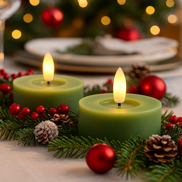 LED Maxi Teelichter LINA - Rustik-Optik - Echtwachs - Timer - D: 7cm - H: 6cm - grün - 2 Stück