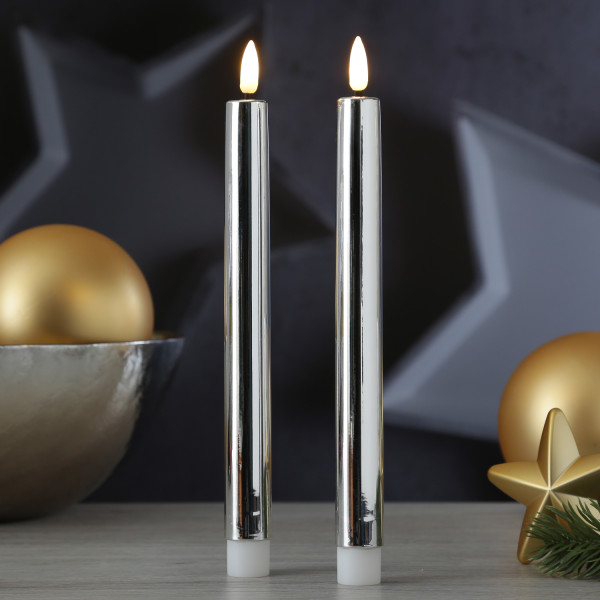 LED Stabkerzen - mit Lack - flackernd - H: 25cm - Timer - silber glänzend - 2er Set
