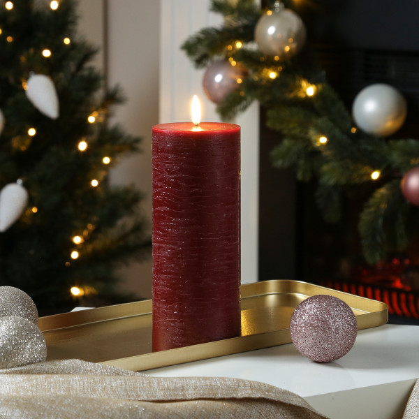 LED Kerze PIA - Rustik-Optik - Echtwachs - H: 20cm - D: 7,8cm - Timer - bis zu 1000 Std. - dunkelrot