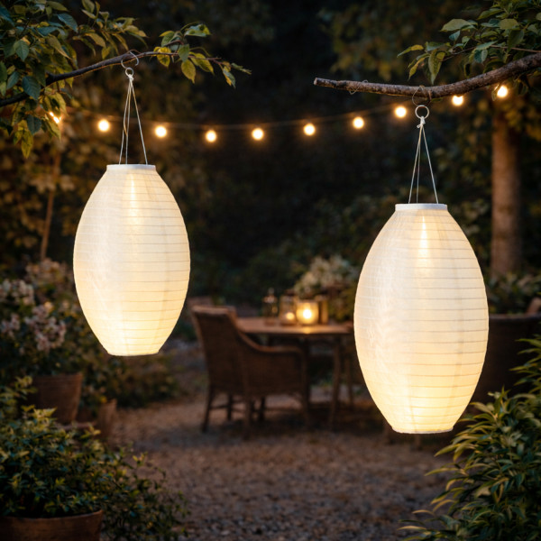 LED Solar Lampions oval - warmweiße LED - H: 33cm - D: 22cm - Lichtsensor - weiß - 2er Set