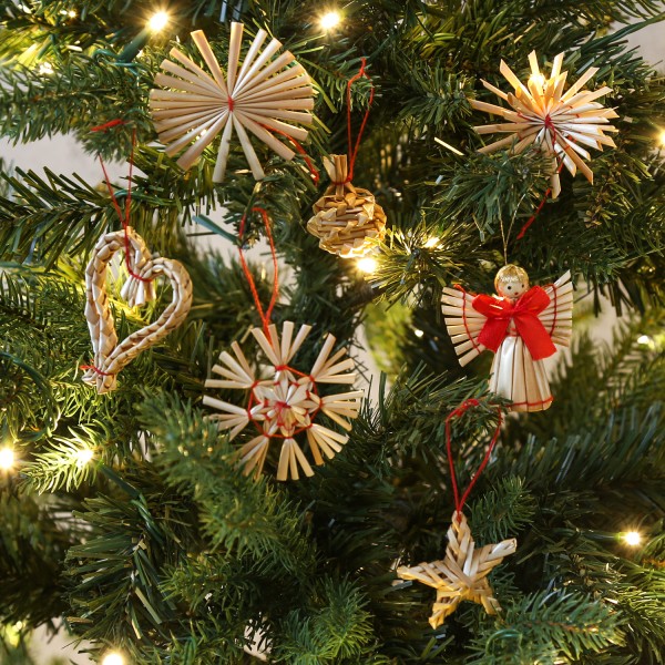Weihnachtsbaumschmuck Strohsterne und Figuren - Strohanhänger inkl. Aufhänger - natur - 56 Stück
