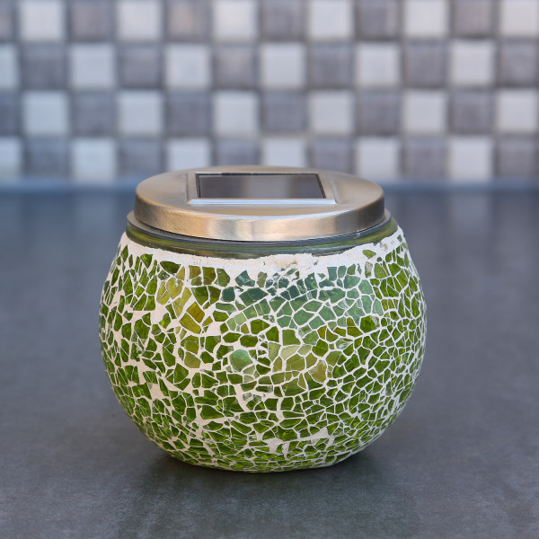 LED Solar Windlicht - Mosaik Glas - Lichtsensor - H: 10cm - für Außen - grün