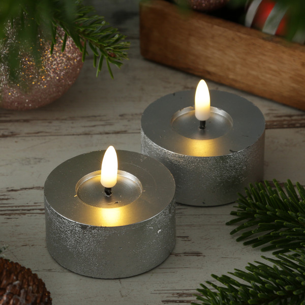 LED Maxi Teelichter LINA - Rustik-Optik - Echtwachs - Timer - D: 7cm - H: 6cm - silber - 2 Stück