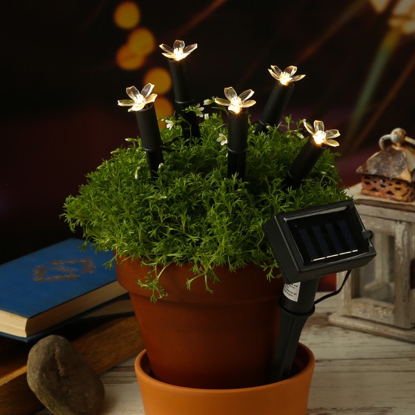 LED Solar Lichterkette Blüten - Gartenstecker mit 5 Blumen - L: 1,2m - H: 17cm - Lichtsensor
