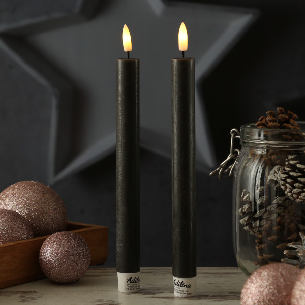 LED Stabkerzen LINA - Rustik-Optik - Echtwachs - 3D Flamme - H: 24cm - Timer - schwarz - 2er Set