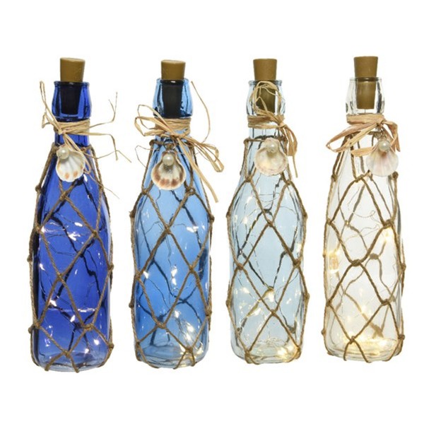 LED Dekoflasche MARITIM mit Juteseil und LED Drahtlichterkette - H: 28cm - hellblau