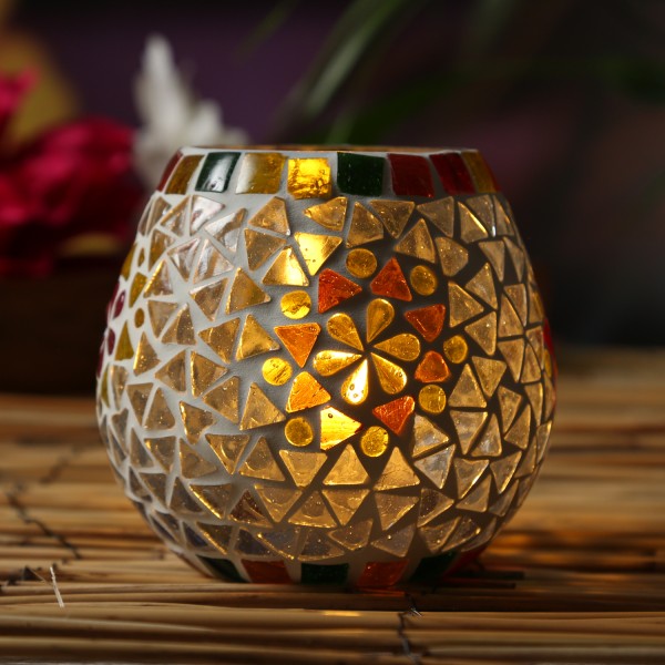 Windlicht Mosaik Glas - Teelichthalter - H: 11cm - D: 11cm - weiß