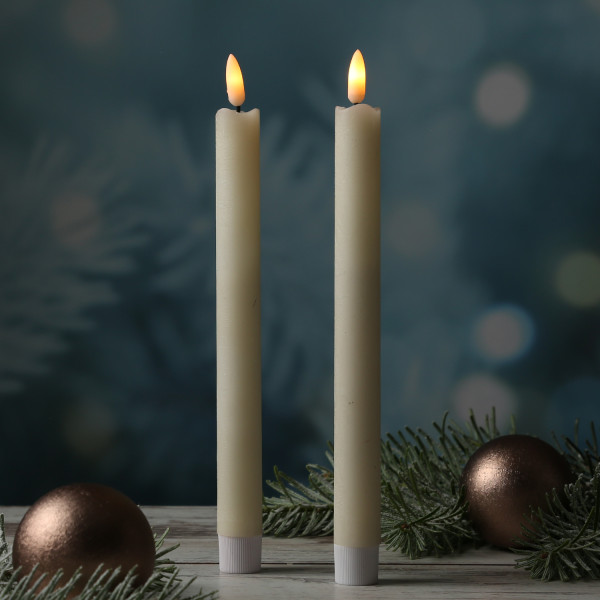 LED Stabkerzen LINA - Rustik-Optik - Echtwachs - flackernd - H: 25cm - Timer - creme - 2er Set