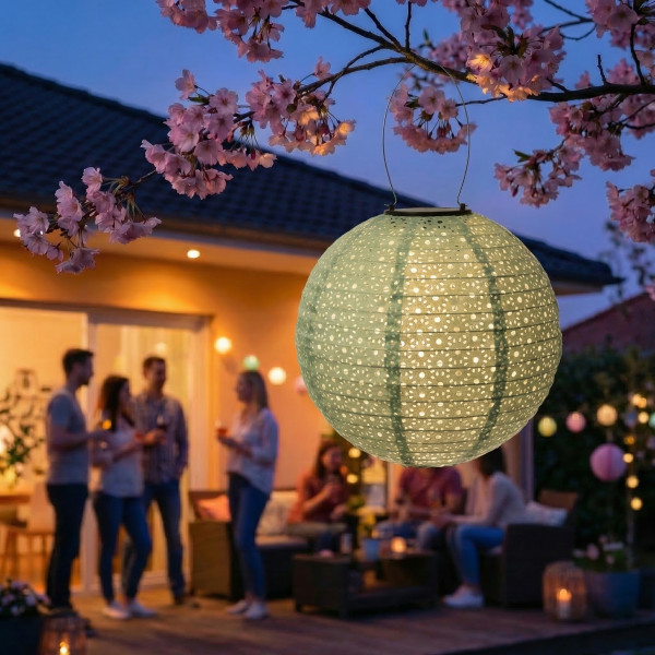 LED Solar Lampion - mit Blumenmuster - warmweiße LED - H: 25cm - D: 25cm - Lichtsensor - salbeigrün