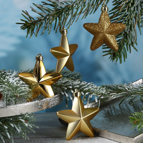 Christbaumschmuck STERN - Weihnachtsschmuck - bruchfest - glänzend matt glitzernd - gold - 6er Set