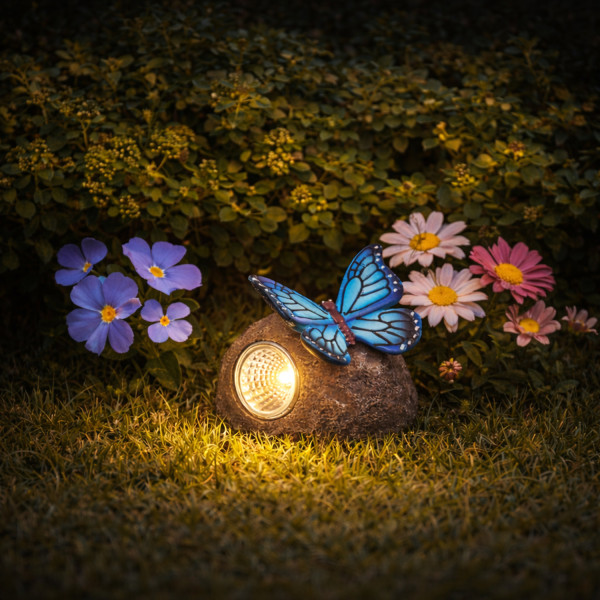 LED Solar Stein mit blauem Schmetterling - Gartenfigur - warmweiße LED - H: 9cm - Lichtsensor