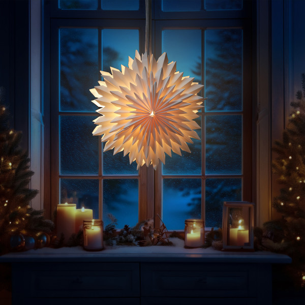 LED Papierstern EISBLUME - hängend - 6 warmweiße LED - D: 38cm - Batterie - Timer - weiß