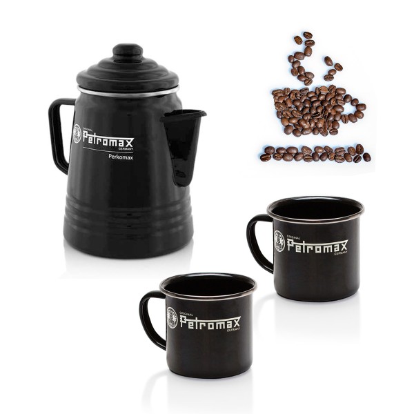 Kaffee Set Petromax ON TOUR schwarz - Petromax Perkolator + 2 Emaille Becher - Outdoor Kaffee Genuss