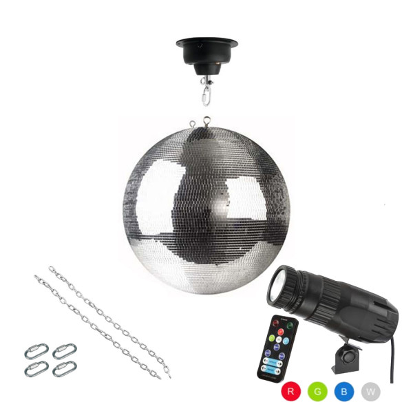 Spiegelkugel Komplettset 40cm mit Motor, 9W LED Pinspot (RGB) und Montagematerial PREMIUM
