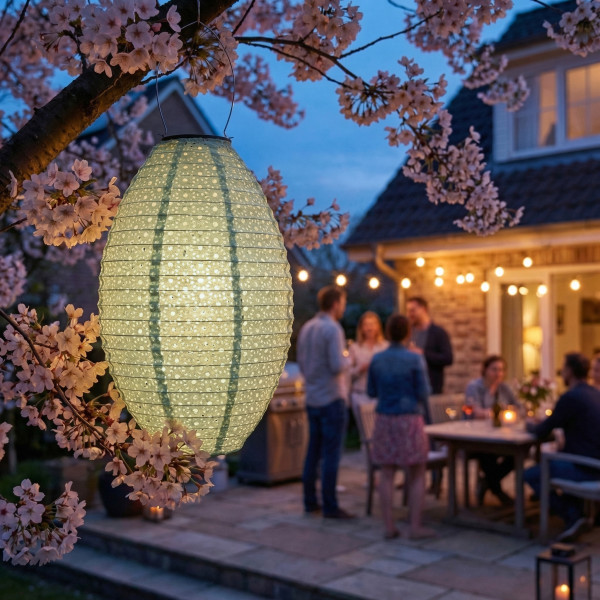 LED Solar Lampion oval - mit Blumenmuster - warmweiße LED - H: 38cm - D: 23cm - Lichtsensor - grün