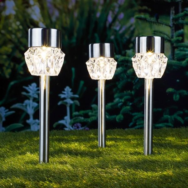LED Solar Gartenleuchte/Wegleuchte Kristall - warmweiße LED - H: 34,5cm - 3er Set