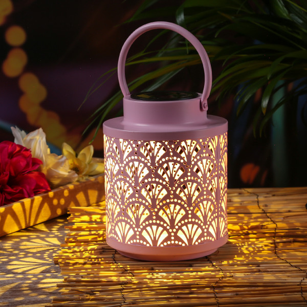 LED Solar Laterne - Fächer Muster - hängend und stehend - H: 19cm - Lichtsensor - für Außen - rosa