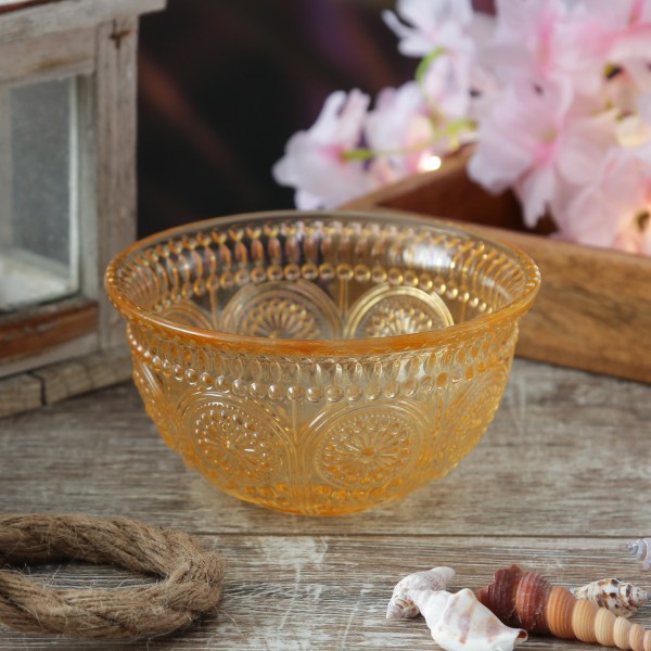 Glasschale Vintage mit Blumenmuster - Dessert/Snack Schüssel - D: 12,7cm - 210ml - Boho Stil - gelb